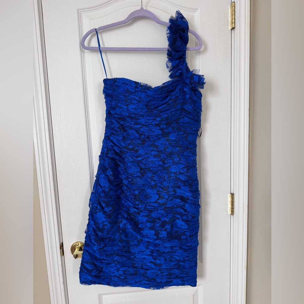 Rickie Freeman Teri Jon Blue Black Lace One Shoulder Cocktail Dress 10